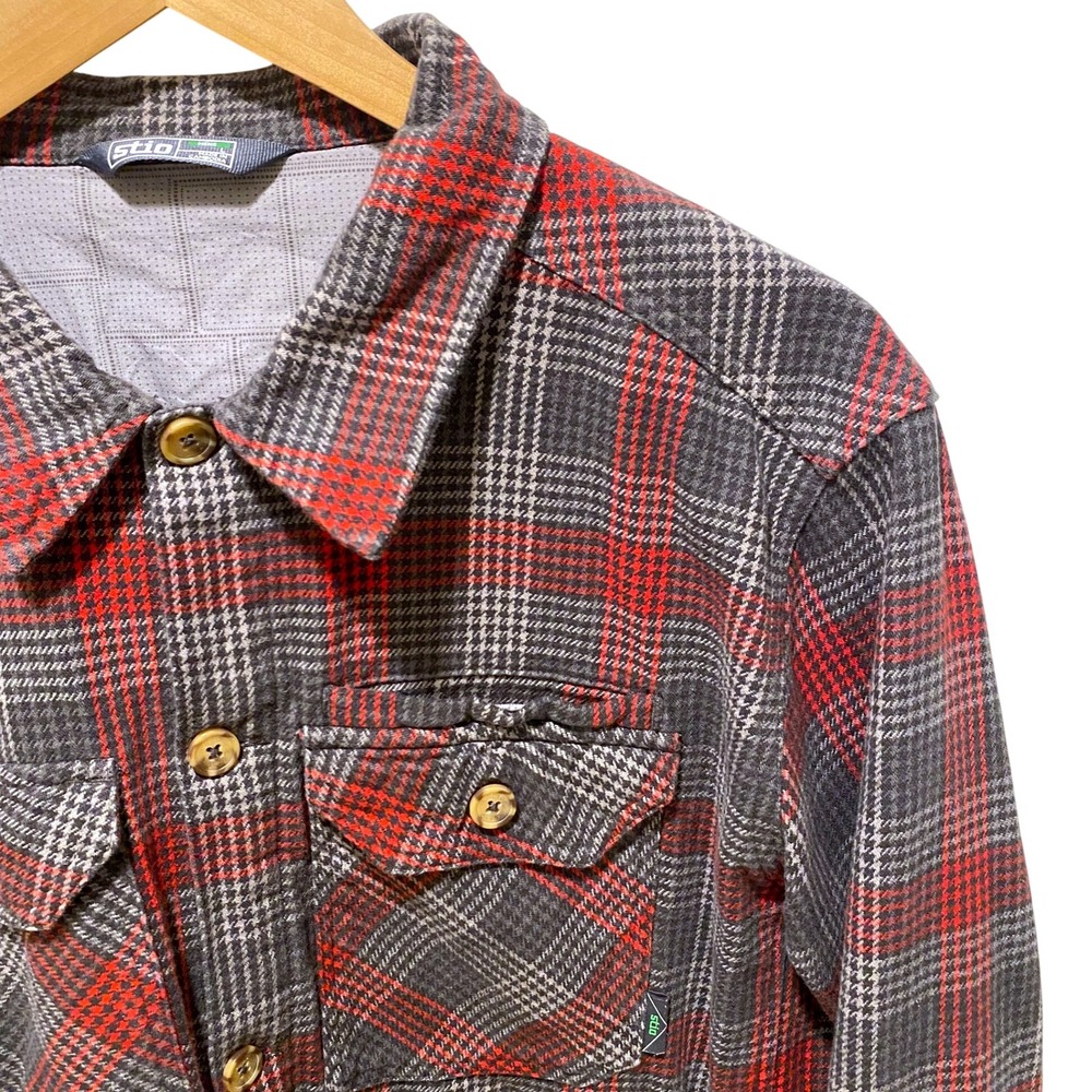 Stio Mens Plaid Flannel Hutkeeper Shirt Jacket Red Charcoal Grey Size Large